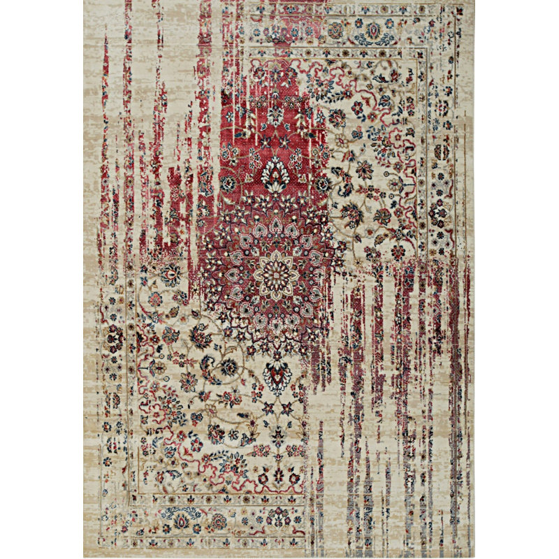 5x8 Ivory Machine Made Wool Viscose Distressed Floral Medallion Geometric Modern Contemporary Carpet Rug