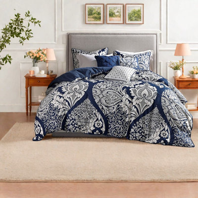Ensemble de literie élégant 6 pièces, polyester multicolore, motif damassé, confort à la maison
