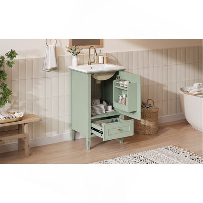 Meuble-lavabo de 20 po avec lavabo en céramique, pieds en bois massif, meuble-lavabo autoportant avec armoire de rangement, tiroirs et portes à fermeture en douceur, support de rangement