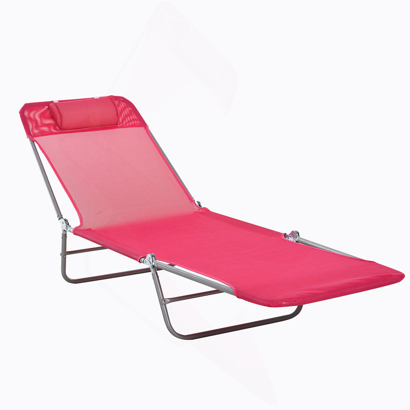 Chaise longue pliante Outsunny, chaise longue de bronzage avec dossier inclinable, siège en filet respirant et appui-tête pour la plage, la cour, le patio, le rose