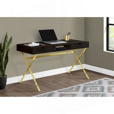 Bureau d'ordinateur, bureau personnel, ordinateur portable, tiroirs de rangement, L 48 po, bureau, stratifié brun, métal doré, contemporain