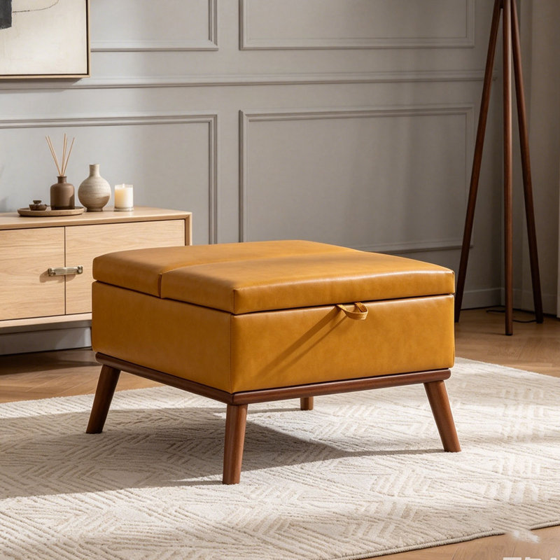 Grand repose-pieds avec rangement, table basse rectangulaire de style Mid-Century de 31 po avec fonction de levage du couvercle, hauts pieds en bois, repose-pieds surdimensionnés
