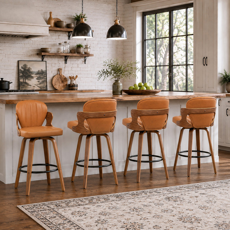 Tabourets de bar pivotants en bois et simili cuir Xaviera, Brun, Tabouret de bar (siège d'une hauteur de 30,51 po)