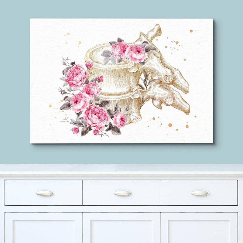 Spinal squelette pastel rose fleurs médical moderne art floral botanique décoration murale, H 12 po x l 18 po
