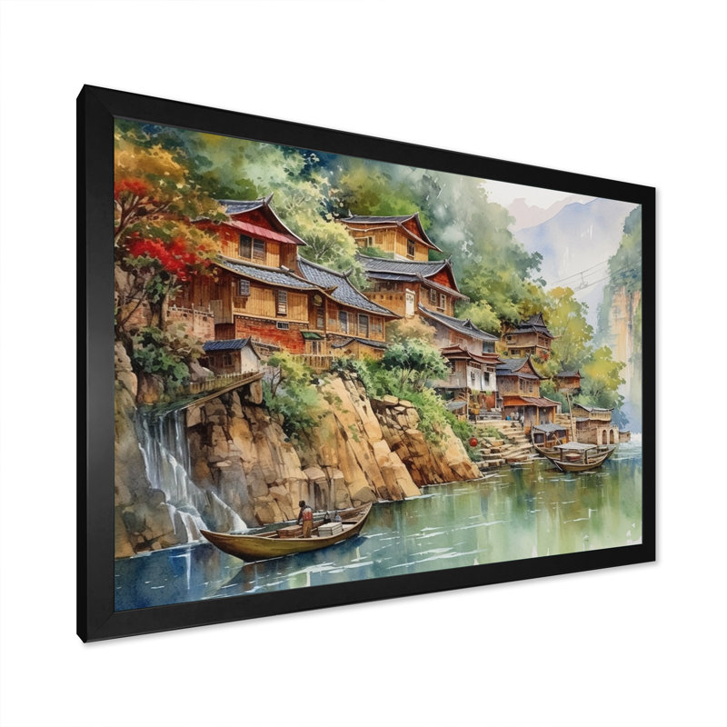 Maymona, vieux village avec la rivière et les montagnes V, Cadre photo noir, H 12 po x l 20 po x P 1 po