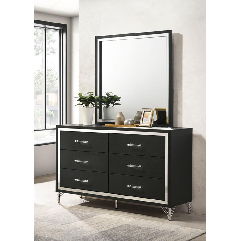 Commode 6 tiroirs avec miroir Cletus, Noir / argenté