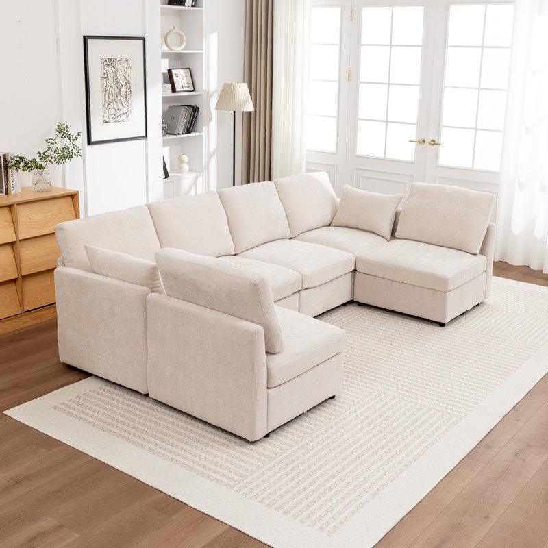 Canapé modulaire en U rembourré 6 pièces Miller, Beige