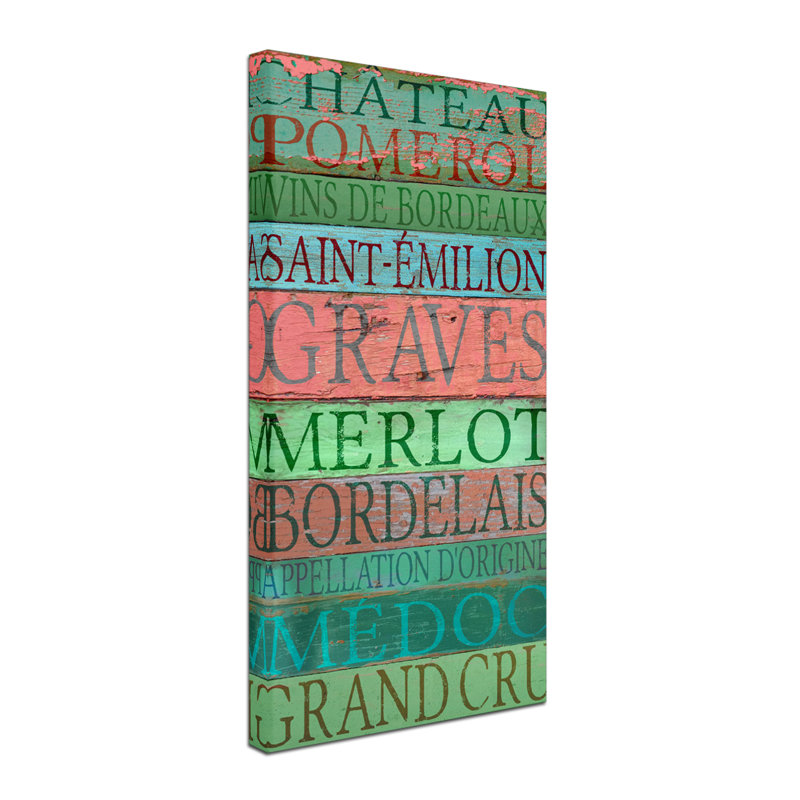 « bordeaux wines », art textuel sur toile tendue, H 24 po x l 12 po