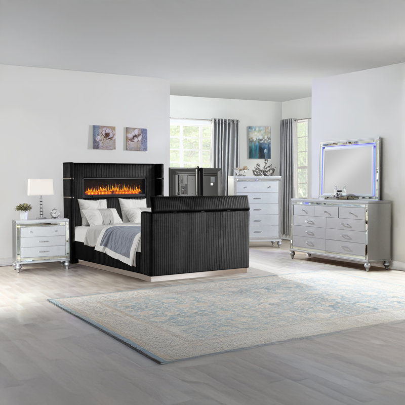 Ensemble de chambre à coucher tapissier Limann, Black, 5 pcs: Bed, Nightstand, Dresser, Mirror, Chest, Grand lit