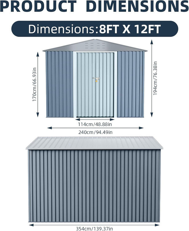 Remise de rangement extérieure avec toit incliné et évents, grande remise de jardin en métal avec portes verrouillables pour patio