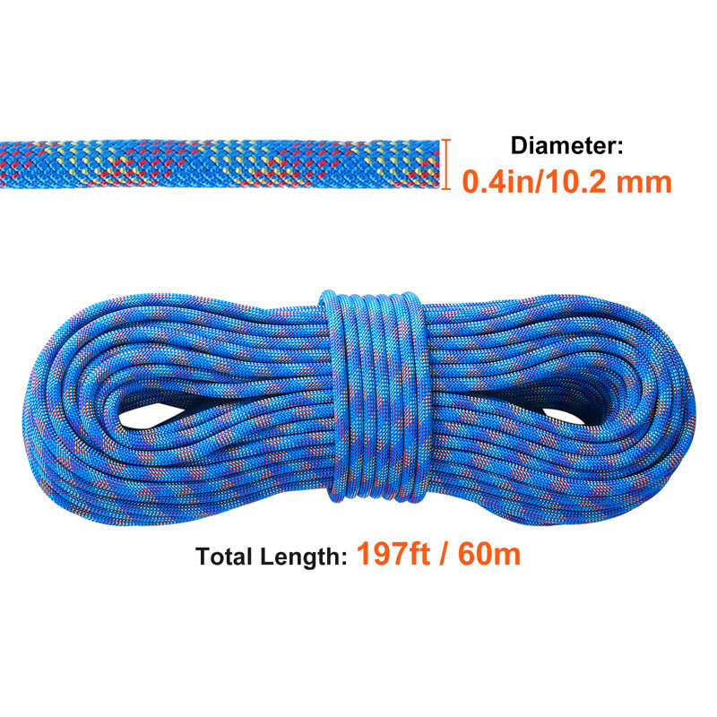 10.2mm Dynamic Climbing Rope, 60M(197ft) Outdoor Rock Climbing Rope 25KN Breaking Tension, Stretchable Fiber Rope with Steel Snap Hooks for Escape, Rappelling, Fire Rescue, Blue