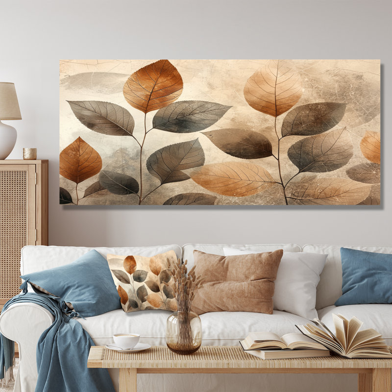 Taupe, feuilles, mosaïque, collage III - feuilles, art mural, H 28 po x l 60 po, Toile tendue, Ne s’applique pas