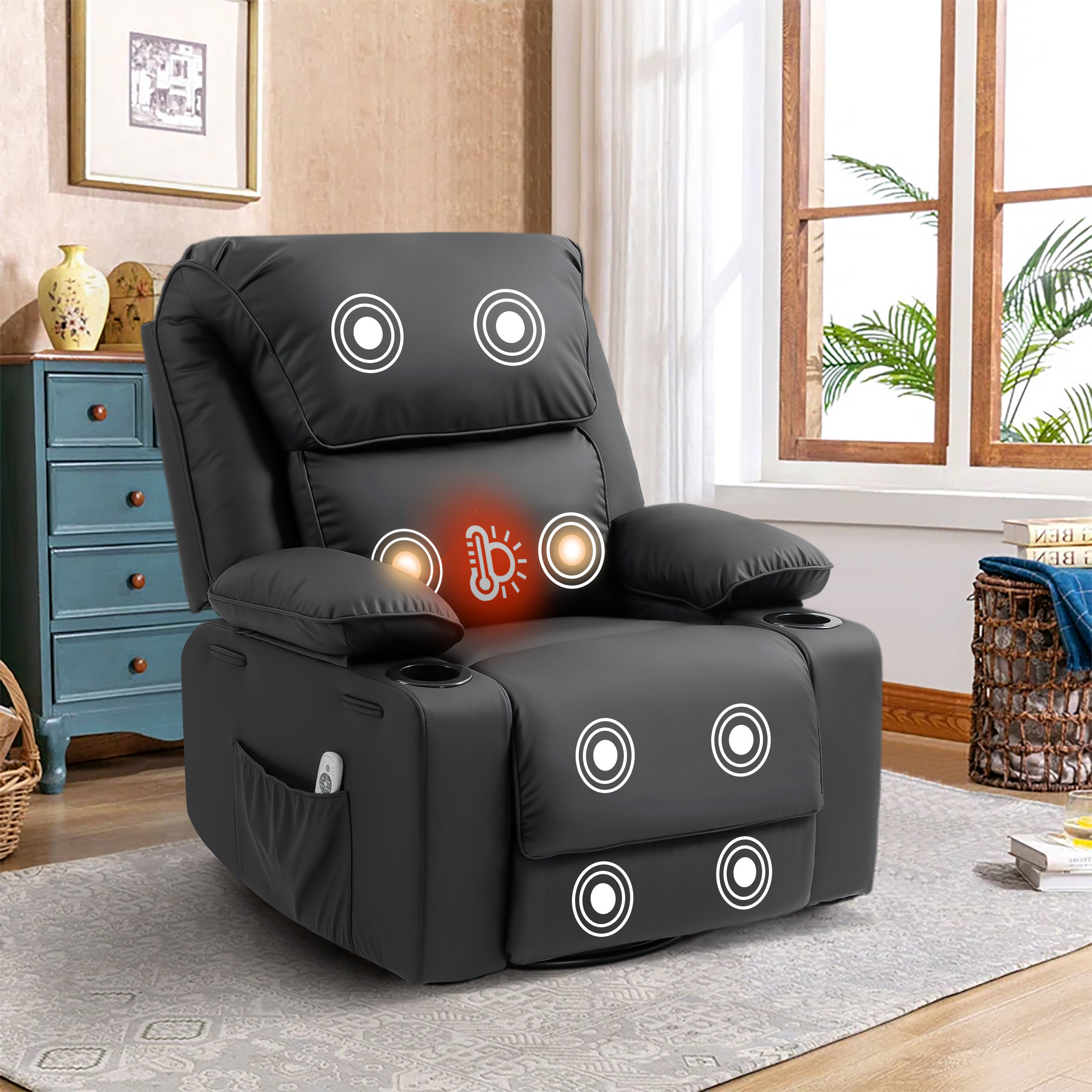 Latitude Run Modern PU Leather Heated Massage Swivel Rocker Recliner ...