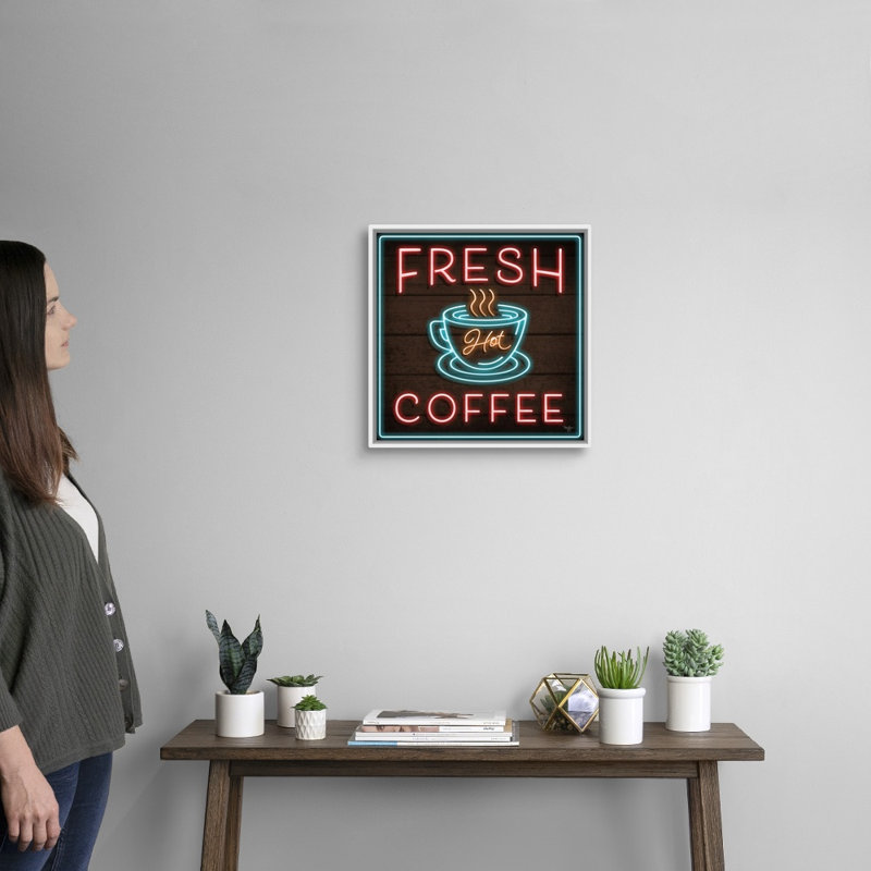 «Neon Fresh Coffee» par Mollie B., reproduction d'art sur toile tendue, H 18 po x l 18 po x P 1,75 po, Cadre blanc