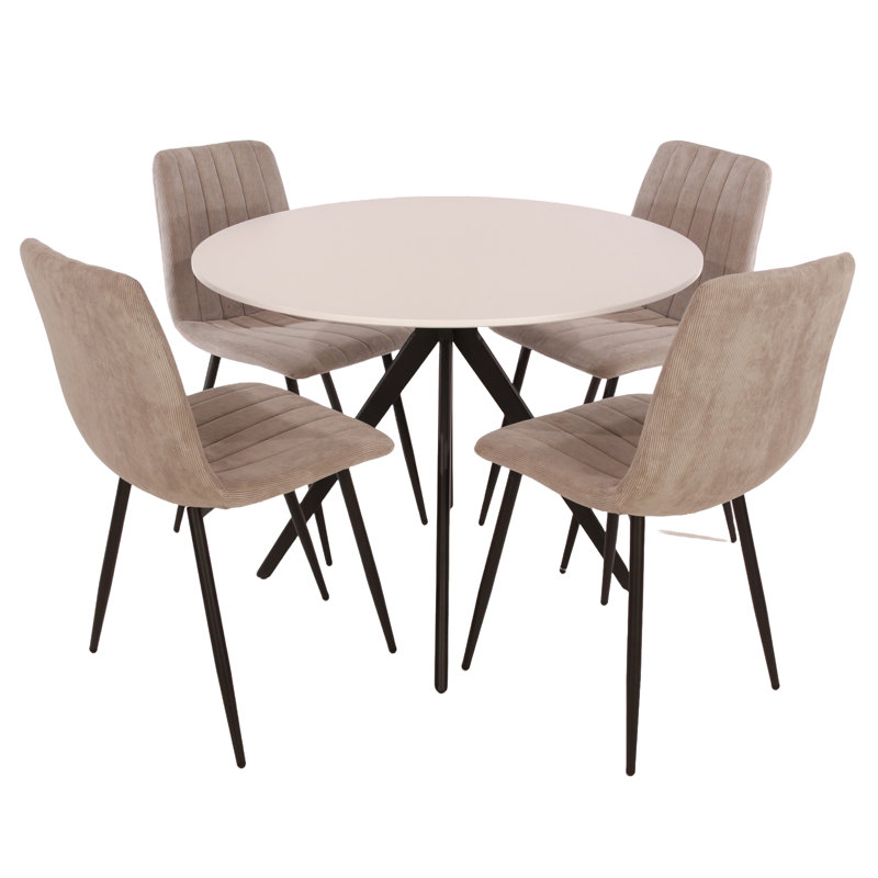 Huetter aspen 1000mm oak foiled round table & 4 fabric chair Set, Light Grey, White