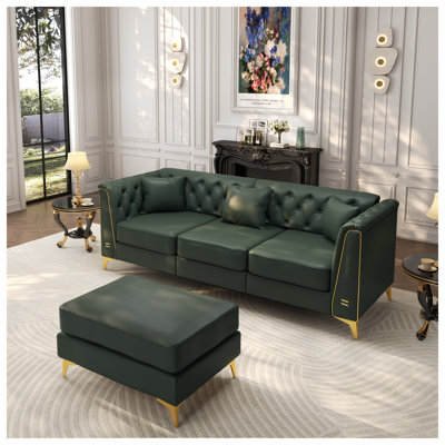 Light Luxury 3-Seater Modular Chesterfield Sofa, Faux Leather Couch with Button Tufting, Metal Trim Armrests & Thin Legs, Includes 3 Pillows, Green