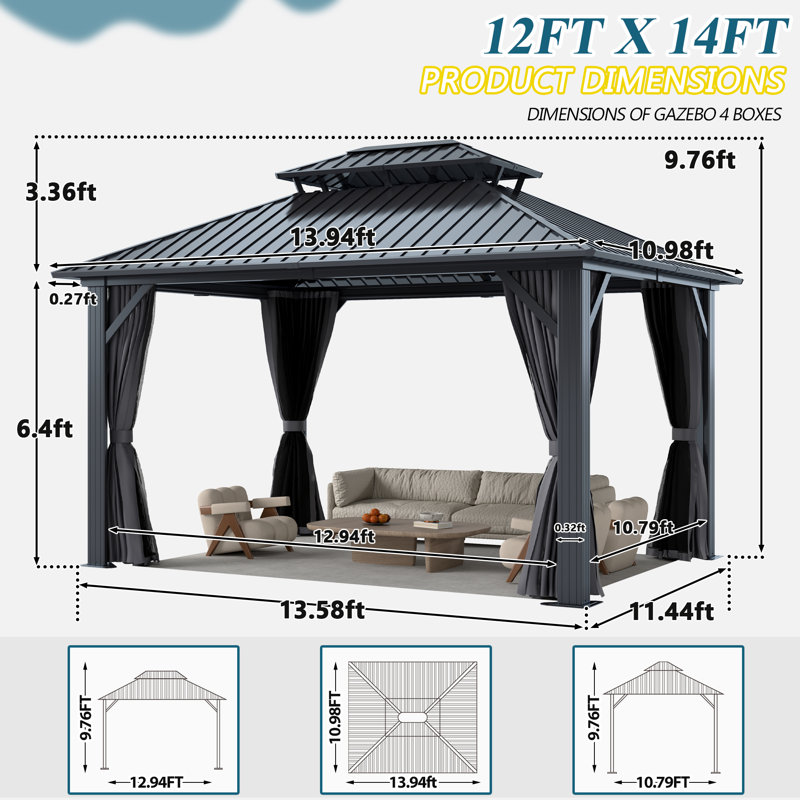 Outdoor Aluminum Patio Gazebo, Galvanized Steel Hardtop Gazebo with Privacy Curtain and Mosquito Netting, 12 Ft. W x 14 Ft. D