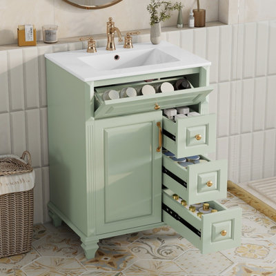 Meuble-lavabo de 24 po avec lavabo, meuble-lavabo autoportant vert avec tiroir rabattable, 3 tiroirs et armoire de rangement, bois massif et panneau de fibres à densité moyenne, plateau de lavabo en céramique