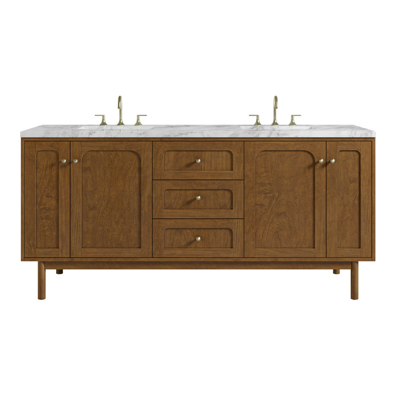 Laurent 72" Double Bathroom Vanity Set, Carrara White, 8" Widespread, Honey Brown