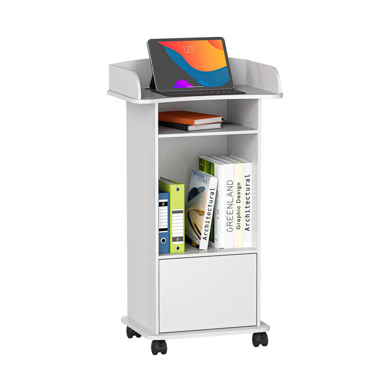 Podium ergonomique pour travailler debout, lutrin mobile avec rangement pour dossiers, roulettes verrouillables, fente pour stylo