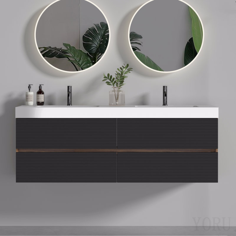 Meuble-lavabo 60 po en noyer avec lavabo à surface solide blanc brillant et tiroirs noir doux, meuble-lavabo mural flottant, lavabo une pièce blanc brillant, pré-assemblé