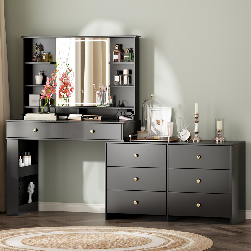 Makeup Vanity Desk With Large Mirror And Lights&Charging Station,Modern Corner Makeup Vanity Table With 8 Storage Drawers And 8 Shelves,Makeup Table For Bedroom,Dressing Table With Nightstand Black