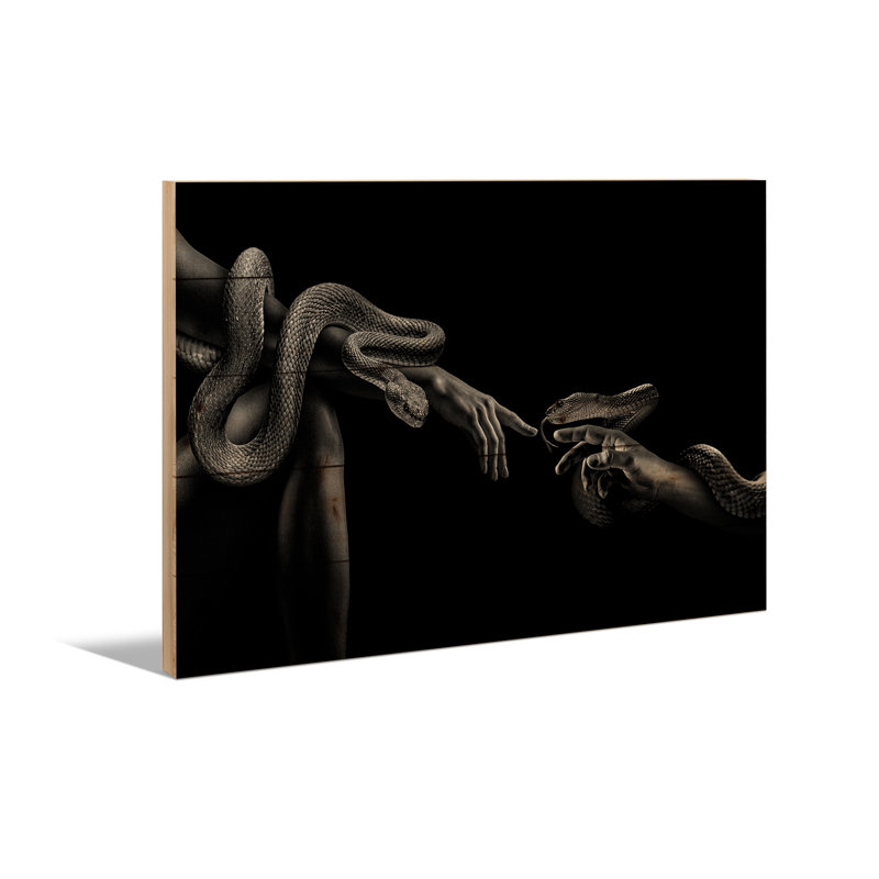Reproduction d'art mural en bois - mode femme avec serpent, création d'Adam noir et blanc par Adrian Vieriu