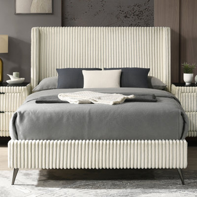 Cream Queen Sized Bed - Luxurious Corduroy Upholstery, Comfortable Wing Back Headboard, Modern Design, 4 Wooden Slats In Wide Wale Relaxing Contemporary Bedroom Decor,