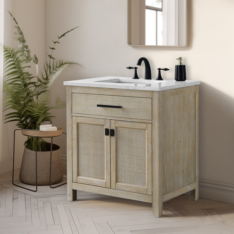 Meuble-lavabo simple 30 po avec plateau en pierre Marquist, Essence de sapin clair