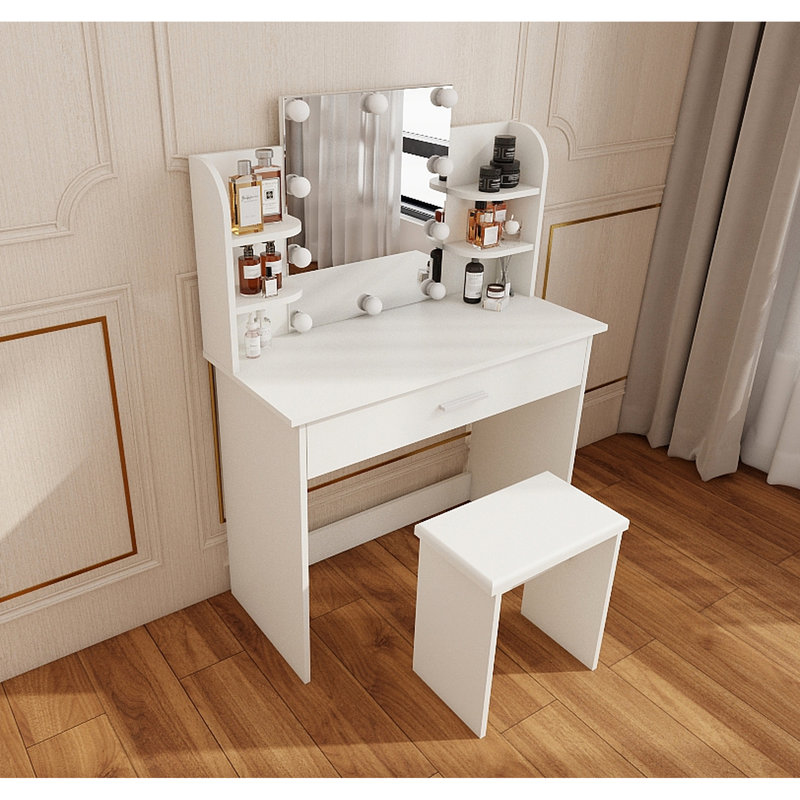 Table de coiffeuse avec un tiroir, miroir réglable, amplement de tablettes ouvertes, tabouret confortable, design moderne, blanc antique, panneau de particules +, table de miroir avec tiroir d'une hauteur de 50,66 po, rangement élégant assorti