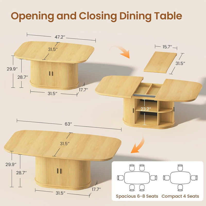 Table de salle à manger extensible 47,2 "à 63" avec armoire de rangement