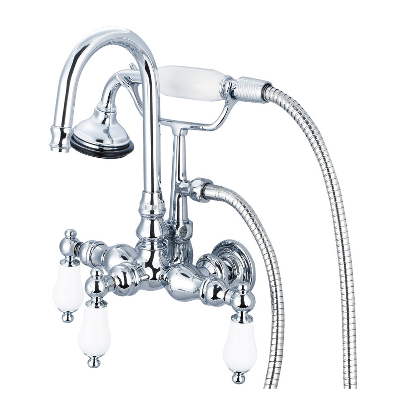 Stonington 3 Handle Wall Clawfoot Tub Faucet, Hand Polished, Richly Triple Plated Chrome Finish, Porcelain Lever Handles