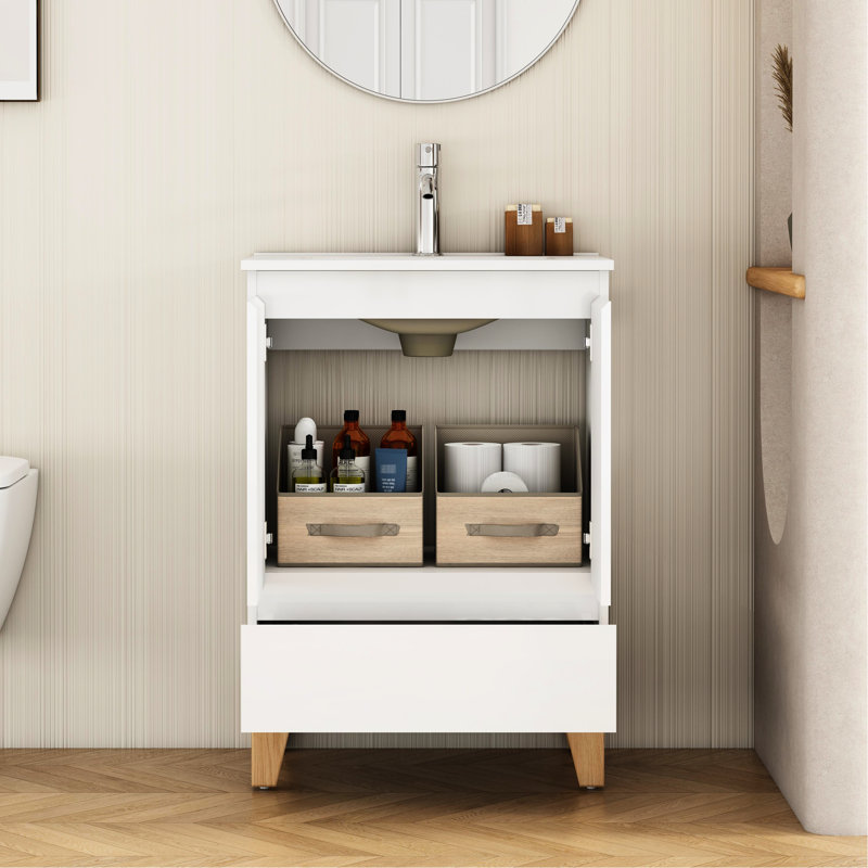 Meuble-lavabo de salle de bain 24 po, finition blanc brillant, rangement à fermeture en douceur, pieds en bois massif naturel, assemblage facile pour les salles de bain d'invités avec évier, système, base, taille moyenne idéale