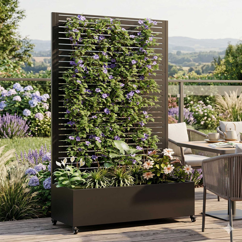 Lit de jardin surélevé en métal avec treillis à persiennes, boîte à fleurs roulante avec écran d'intimité et trous de drainage