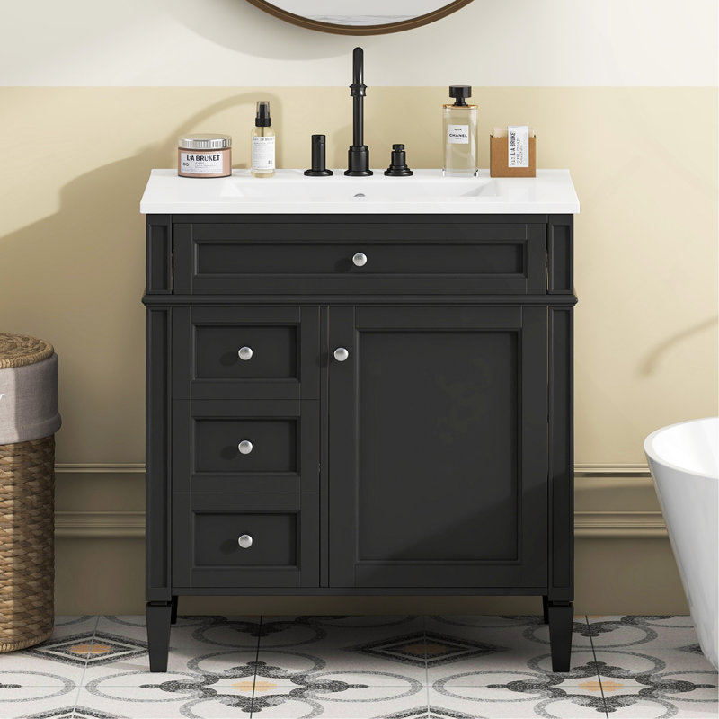Meuble-lavabo 30 po avec lavabo supérieur, meuble-lavabo moderne avec 2 tiroirs et un tiroir basculant, meuble-lavabo simple