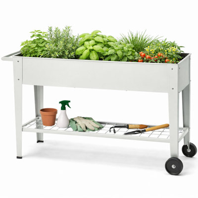 Elevated 40" Raised Garden Bed Outdoor with Wheels & Shelf for Mobility, Metal Planter Box for Vegetables/Herbs, Patio-Balcony-Backyard  - Farmhouse White