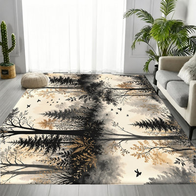 Tapis de paysage de forêt, impression d'oiseau doré noir et blanc, effet d'art aquarelle, tapis antidérapant lavable à la machine, décoration intérieure unique pour salon, chambre à coucher, bureau, appartement