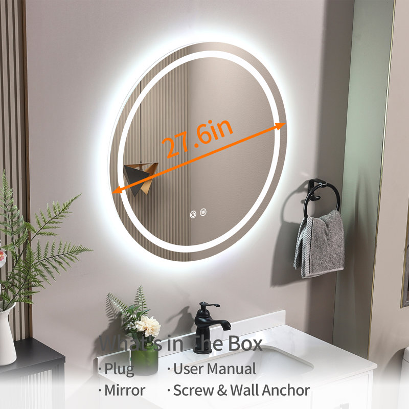 Round Frameless Led Lighted Bathroom / Vanity Mirror With Brightness Adjustable, Anti-fog