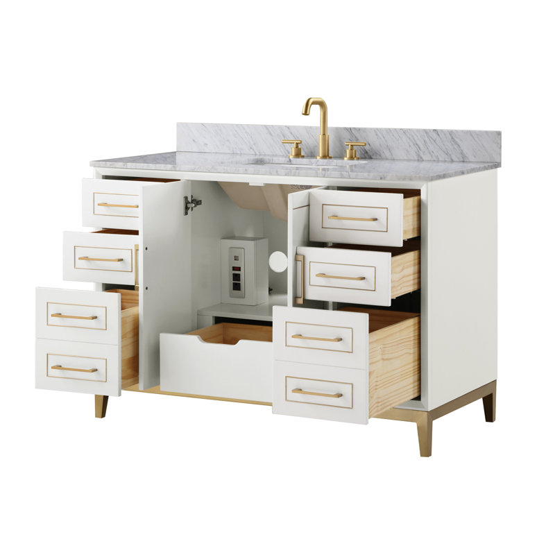Gracie 48'' Single Bathroom Vanity with Top, Carrara Marble, Satin White (Cream White)