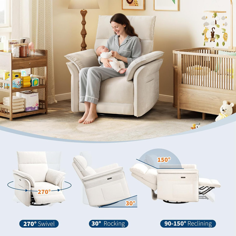 Power Recliner 270° Swivel Glider with USB, Chenille, Warm White, Beige