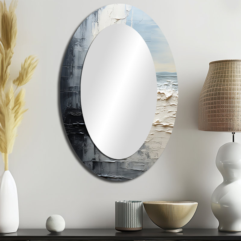 Abstract Cream And Black Liquid Paint II - Cream Oval Wall Mirror Decor, 36" x 24"