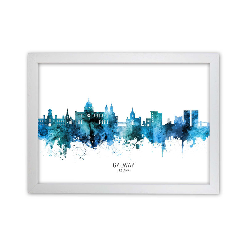 Galway Ireland Skyline Blue City Name by Michael Tompsett - Print, 34cm H x 46cm W x 3cm D, White Framed