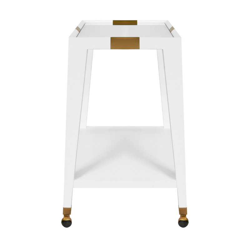 White Wood Bar Cart with Brass Accents and Storage