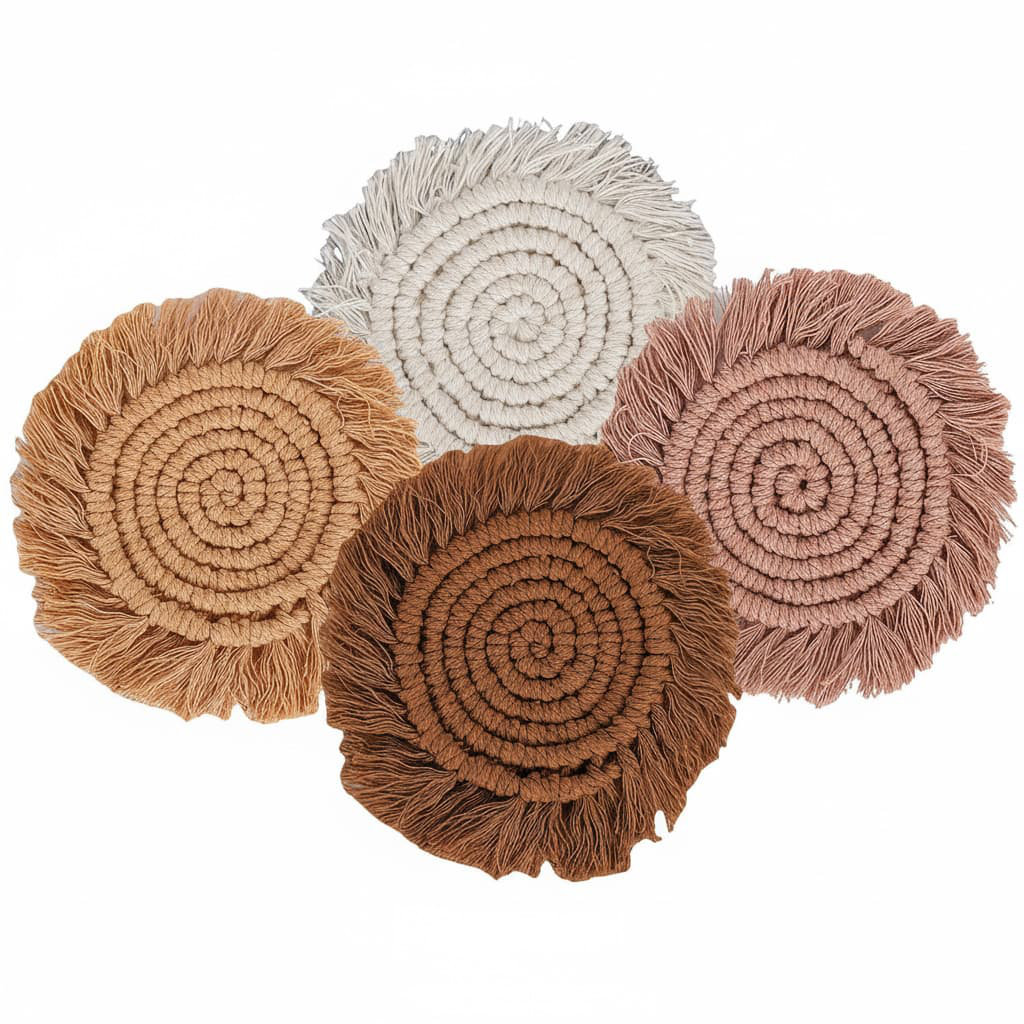 4-Pack Boho Macrame Coasters - Handmade Woven Table Decor