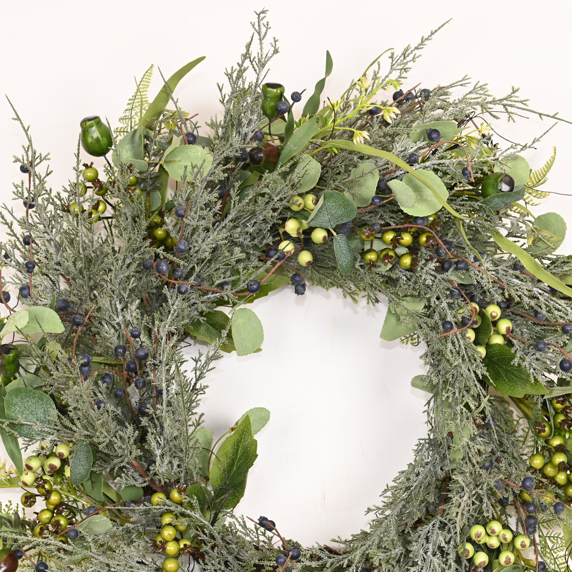 24" Artificial Farmhouse Blossom Cluster Greenery Cypress Eucalyptus Berry Christmas Day Winter Front Door Wreath, Blue/Green