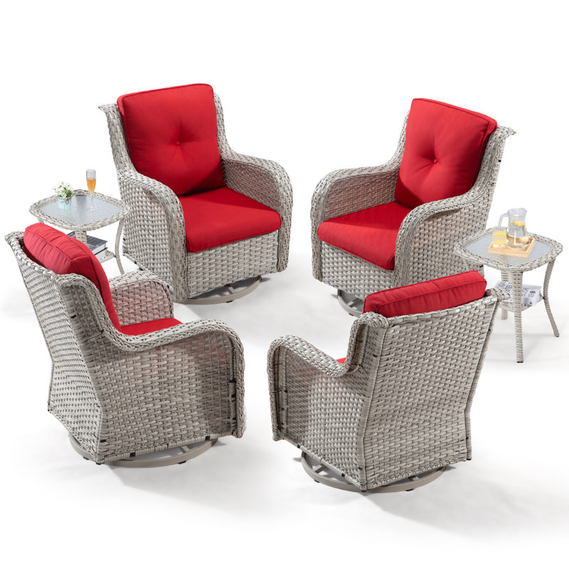 Maude 6-Piece Wicker Swivel Chair Set with Cushions, Red, White