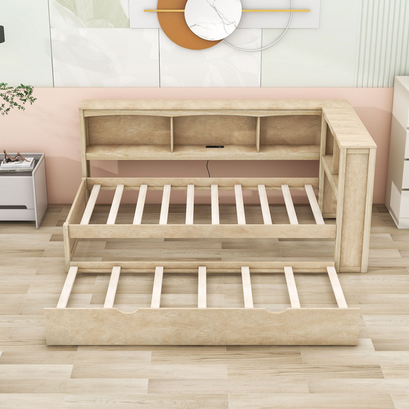 Postfield Twin Storage Platform Bed with Trundle, USB Ports and Shelves, Wood