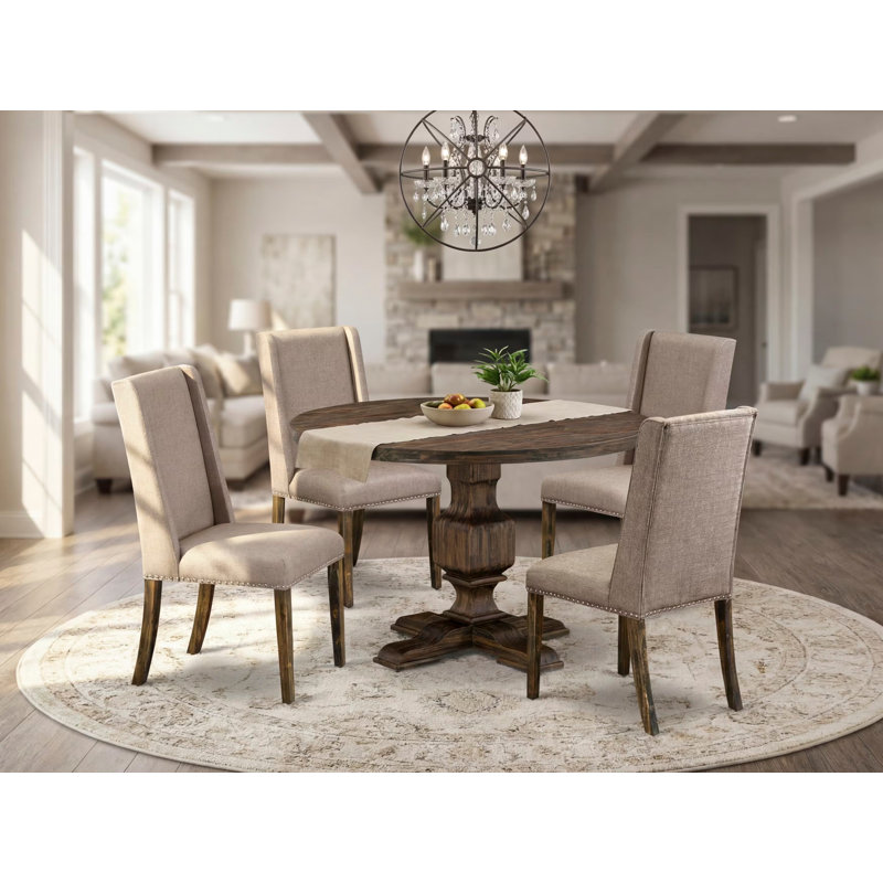 5 Piece Dining Set Consists of a Mid Century Dining Table and 4 Dark Khaki Linen Fabric Dining Chairs with High Back - Distressed Jacobean Finish