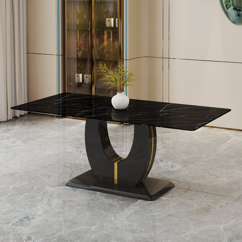 Table de salle à manger rectangulaire 71 po en faux marbre noir avec base en U en forme de piédestal, Noir