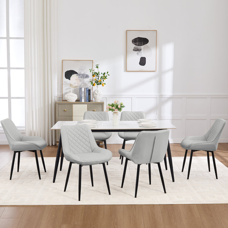 Faux Leather Upholstered Metal Dining Chair, Light Gray, 6